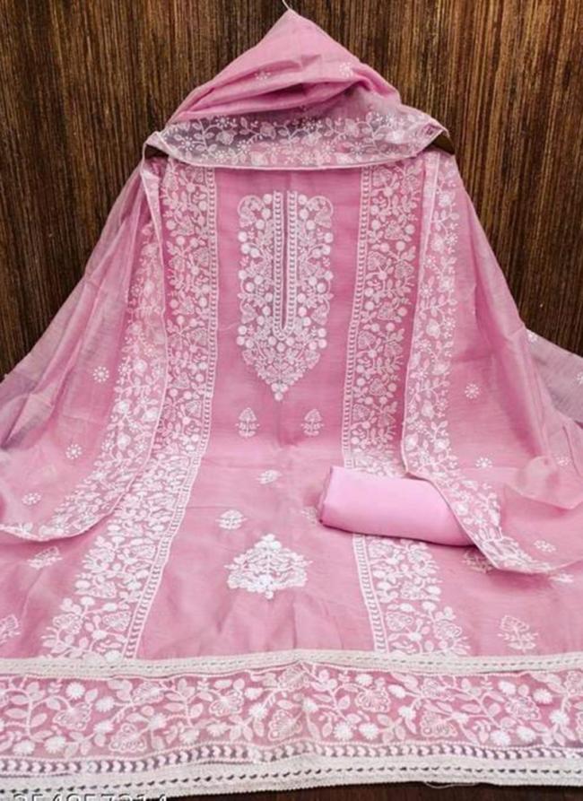 Modal Chanderi Pink Festival Wear Embroidery Work Dress Material